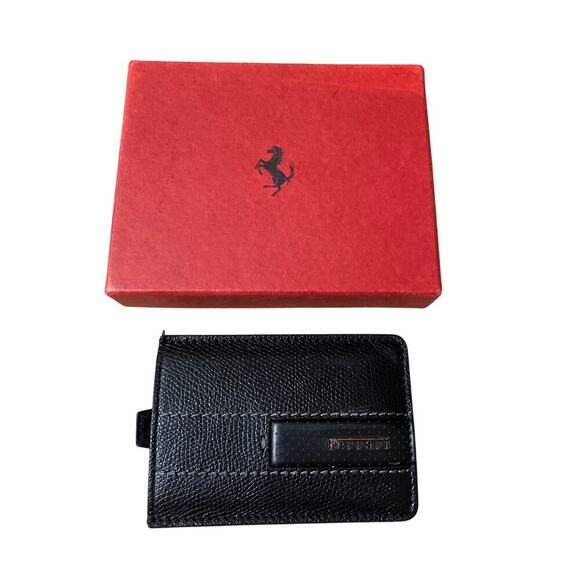 FERRARI SMALL BLACK LEATHER MENS CARD WALLET - Picture 1 of 14